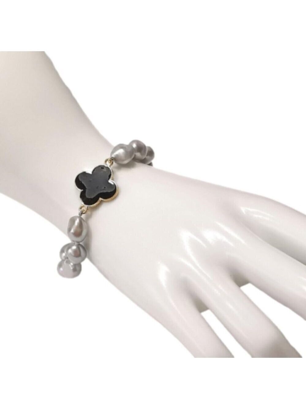Silver Grey Pearl Clover Flower Bracelet